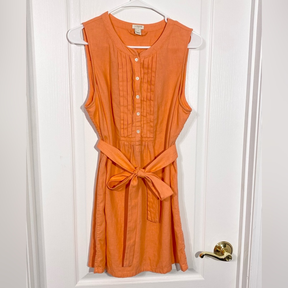 J.Crew LINEN Blend Pintuck Belted Sleeveless Tunic Top / Dress Orange Sz Medium